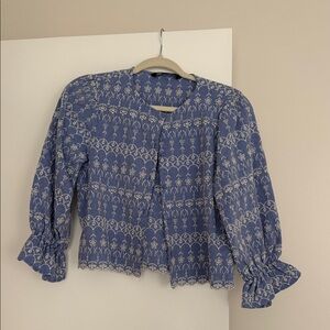 Zara Blue White Embroidered Peasant Blouse